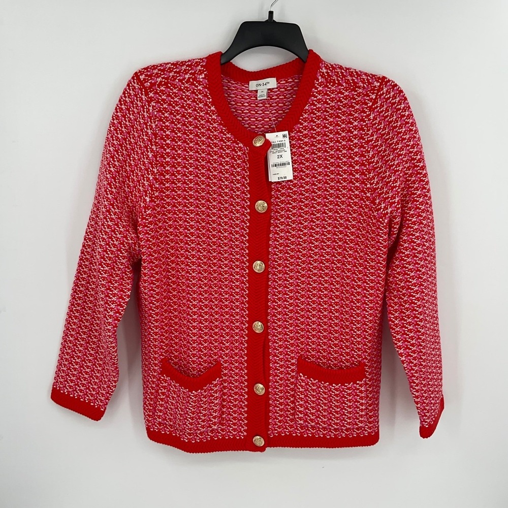 ON 34TH‎ Red Pink White Textured Knit Button Front Cardigan Sweater 2X